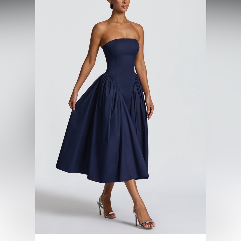 BabyBoo Darla Strapless Navy Midi Dress - Elegant Evening Dress - Picture 2 of 10